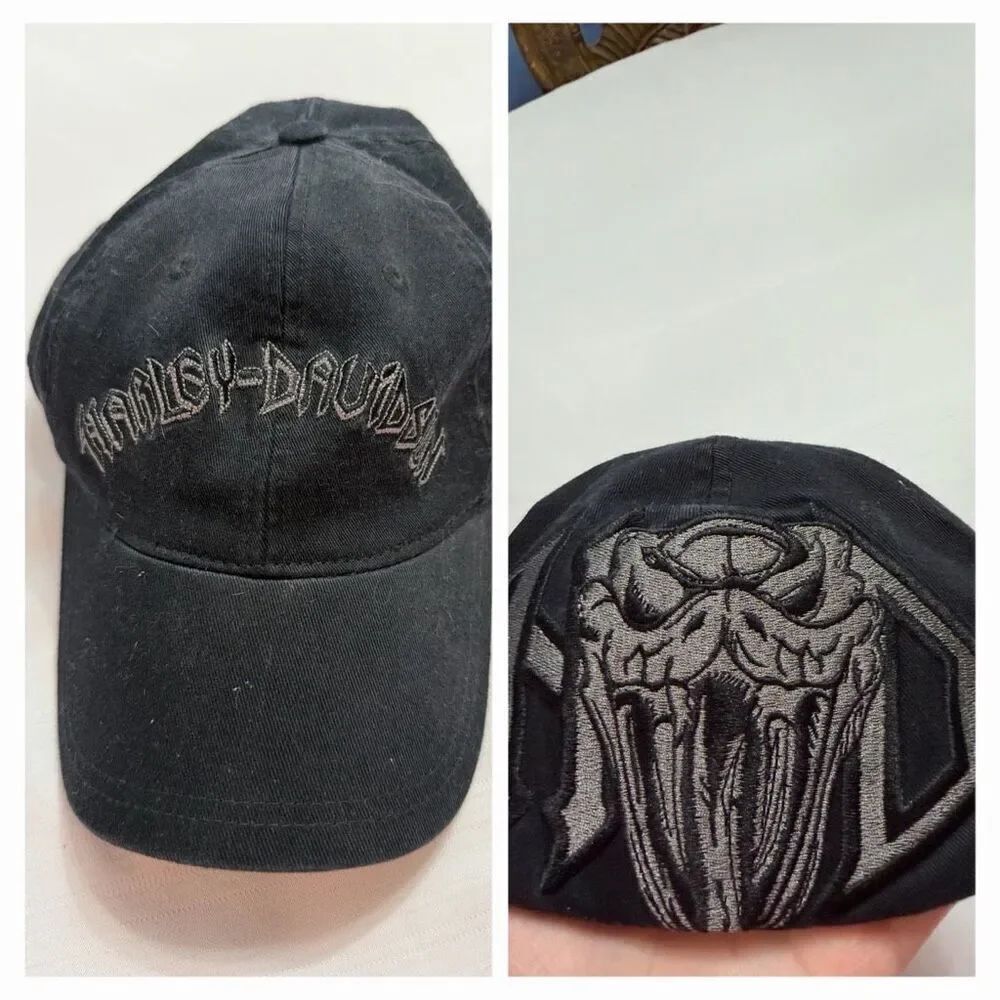 Harley Davidson Black Grey Vintage Spell Out Embroidered Hat Size S/M RARE